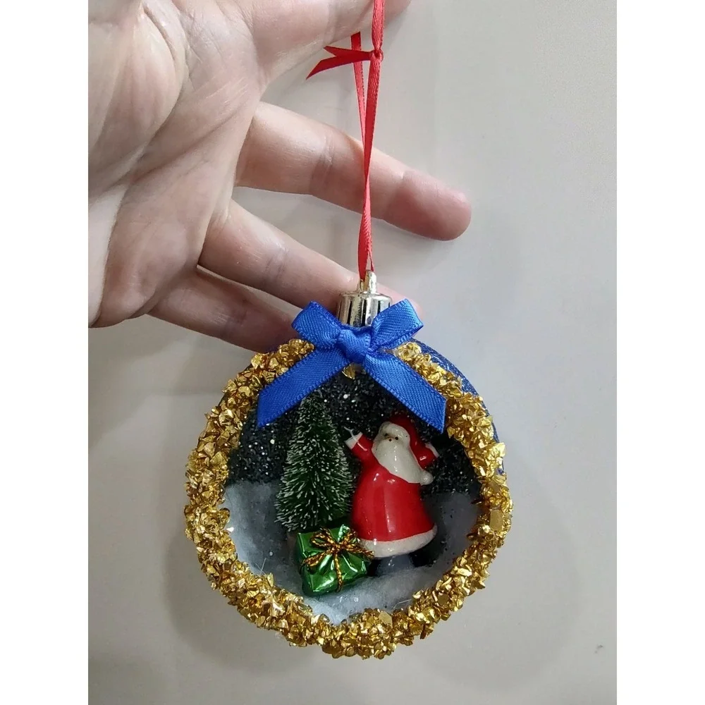 Santa Claus Christmas Ornament Handmade OOAK VTG Style Diorama Gold Glitter O7